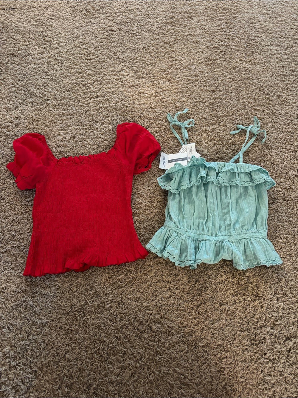 True Craft Red Smocked Puff-Sleeve Tank & Mint Ruffle Tie-Strap Tank